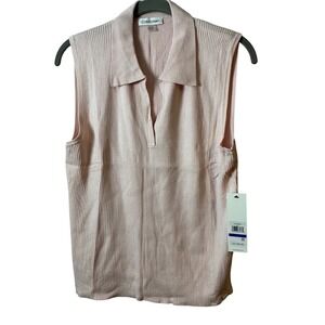 Calvin Klein Women's Pink Ribbed Knit Collared Sleeveless Top XL